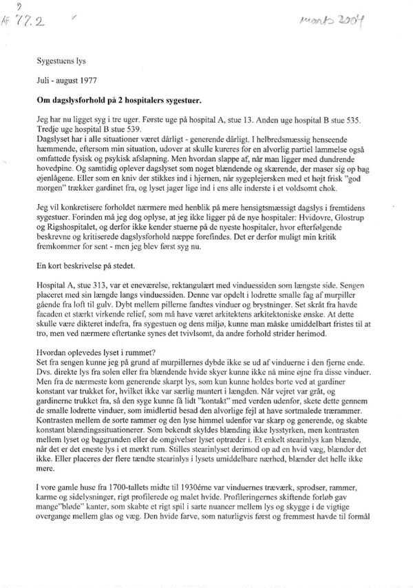 Om dagslysforhold på 2 hospitalers sygestuer juli-aug 1977