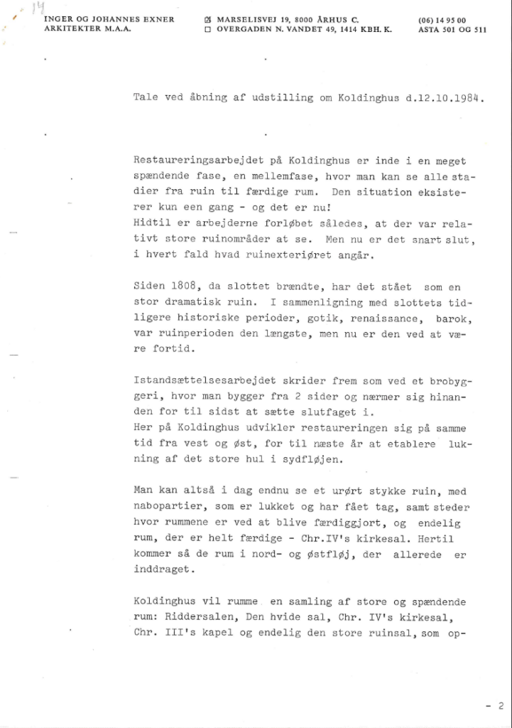 Om Koldinghus’ restaurering – Tale ved udstilling d.12.10.1984