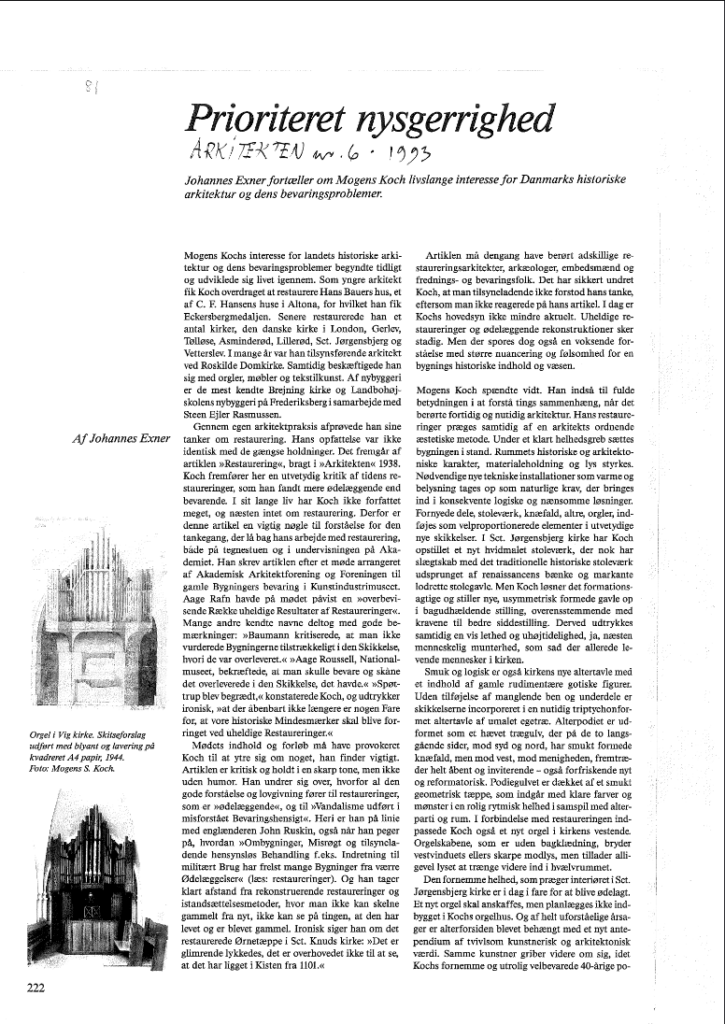 1993 Prioriteret nysgerrighed. Nekrolog Mogens Koch – Arkitekten 6:93